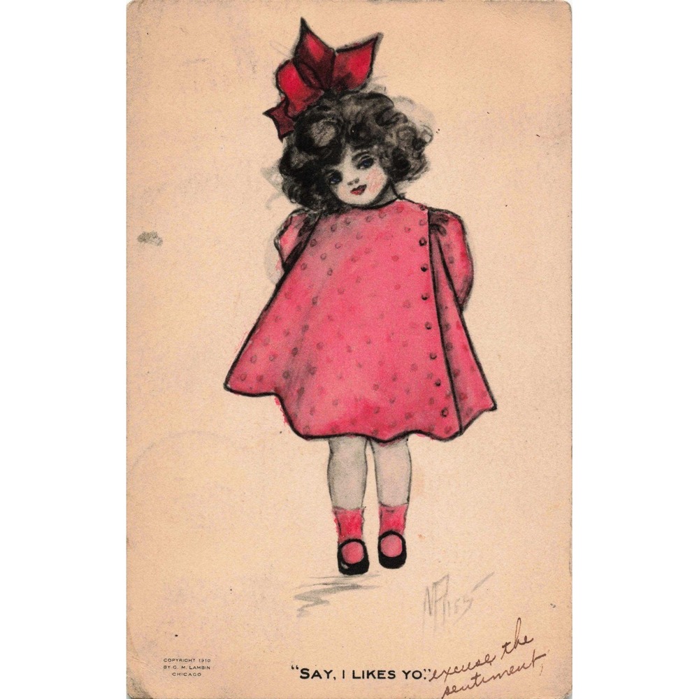 Vintage 1910 Postcard Girl Red Dress Hand Colored G.M. Lambin 1911 PA Postmark